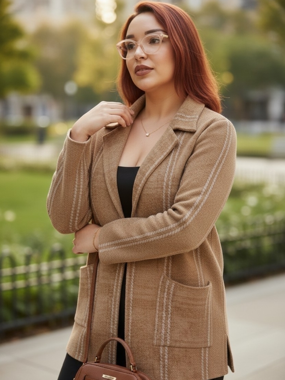 Womens Tan Wool-Blend Open Front Coat